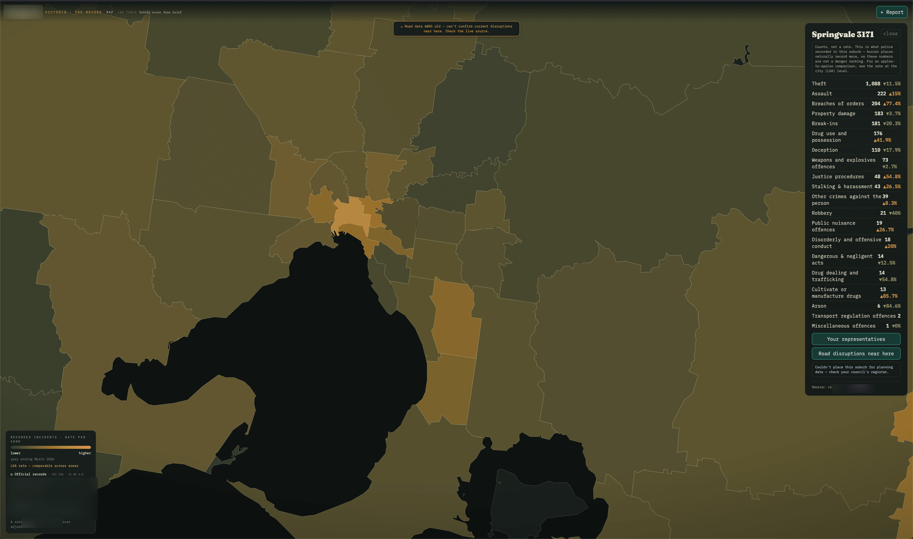 The LGA choropleth — recorded-incident rate per 100k across Victoria, with a suburb panel of raw counts. Only the cleared official-records layer is shown; eval-gated sources blurred in the legend.